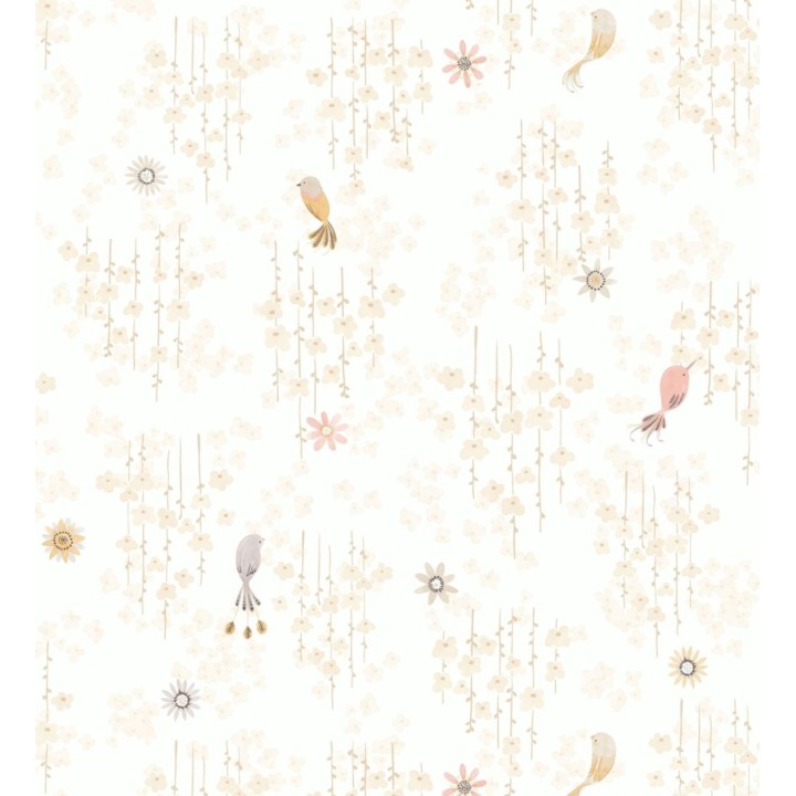 Papel pintado de pajaritos y flores color beige rosáceo - Alma Birds 684460