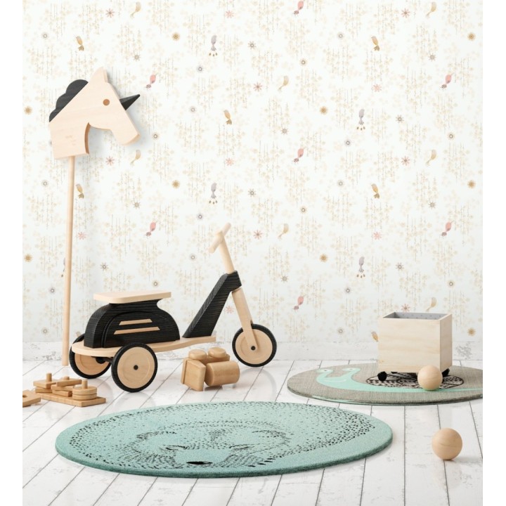 Papel pintado de pajaritos y flores color beige rosáceo - Alma Birds 684460