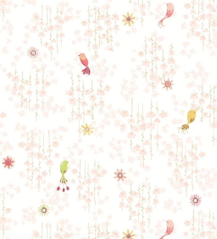Papel pintado de pajaritos y flores color rosa palo - Alma Birds 684461