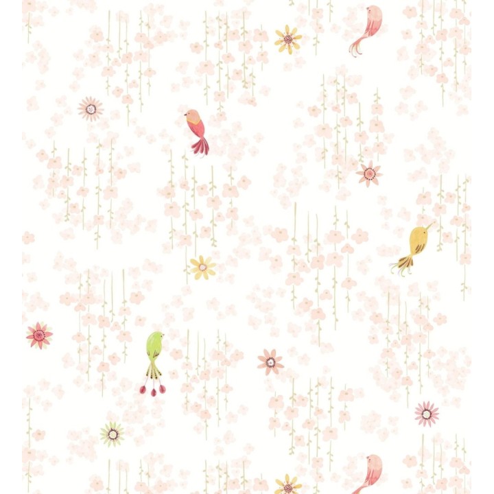 Papel pintado de pajaritos y flores color rosa palo - Alma Birds 684461