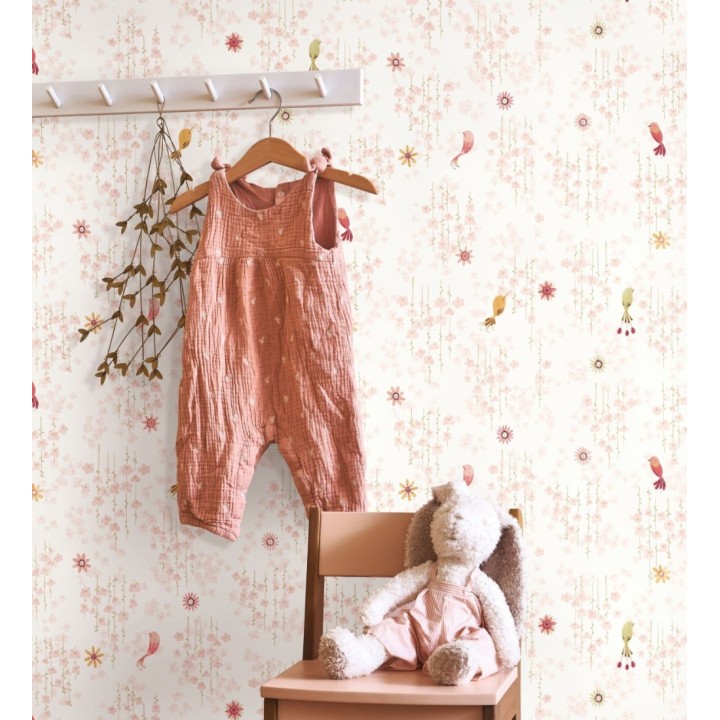 Papel pintado de pajaritos y flores color rosa palo - Alma Birds 684461