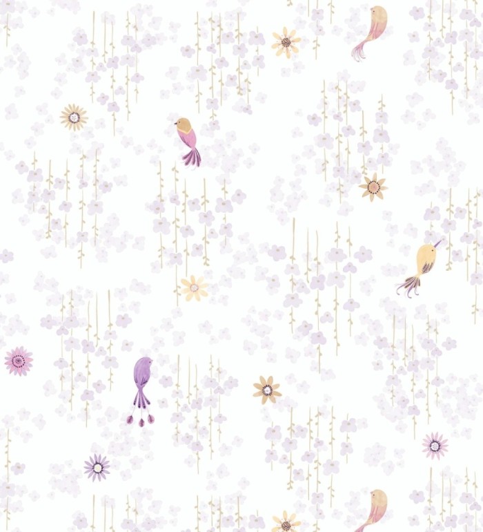 Papel pintado de pajaritos y flores color lila - Alma Birds 684462