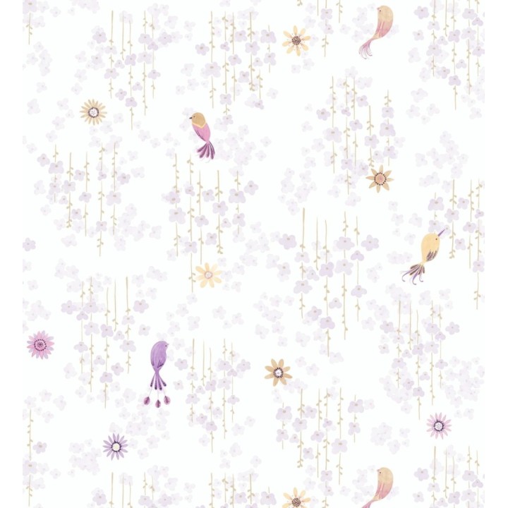 Papel pintado de pajaritos y flores color lila - Alma Birds 684462