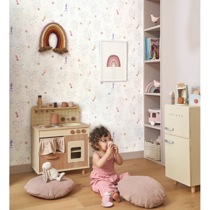 Papel pintado de pajaritos y flores color lila - Alma Birds 684462