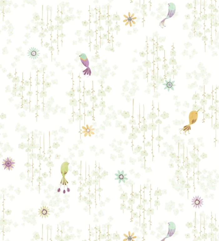 Papel pintado de pajaritos y flores color verde claro - Alma Birds 684463