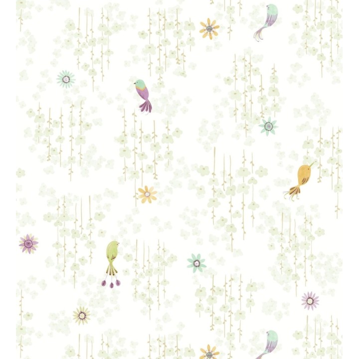 Papel pintado de pajaritos y flores color verde claro - Alma Birds 684463