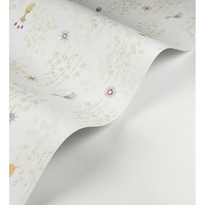 Papel pintado de pajaritos y flores color verde claro - Alma Birds 684463