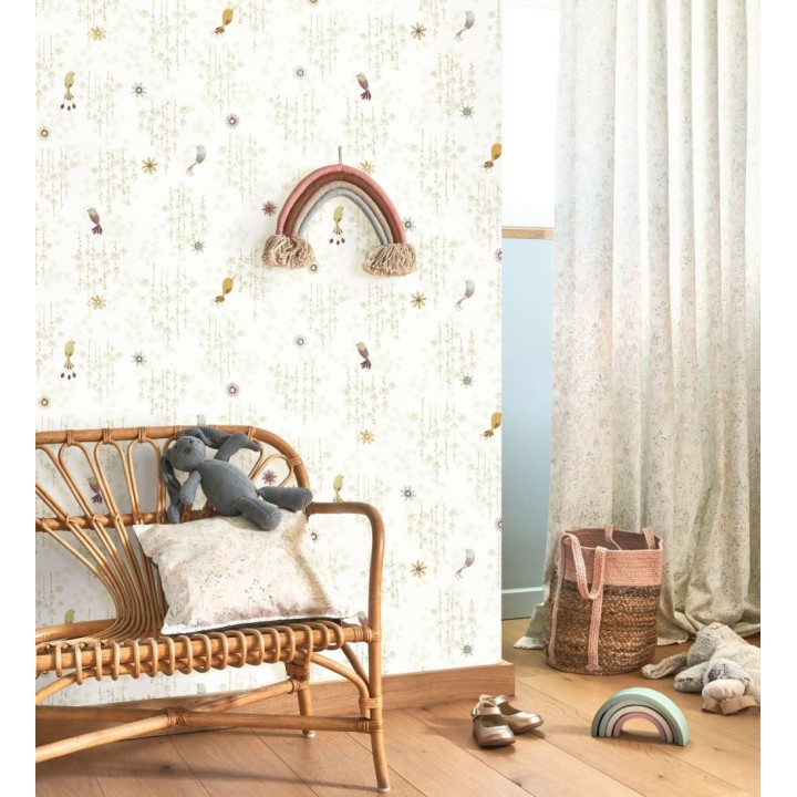 Papel pintado de pajaritos y flores color verde claro - Alma Birds 684463