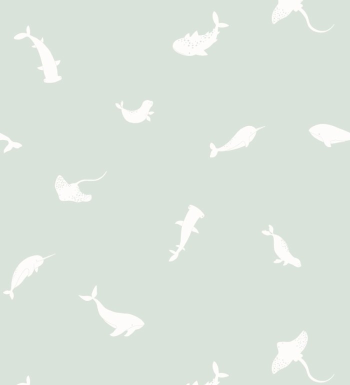 Papel pintado de peces ballenas tiburones y focas infantil color aguamarina - Sydney Playful 684467