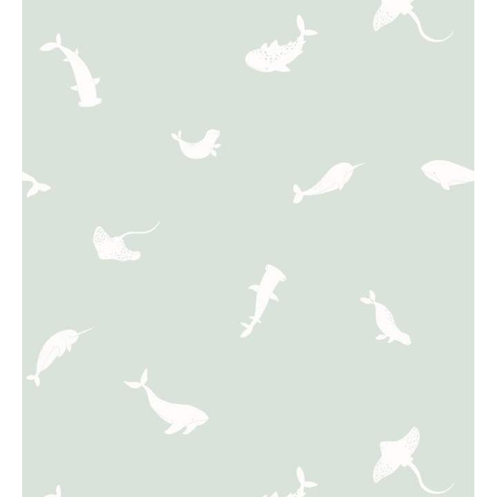 Papel pintado de peces ballenas tiburones y focas infantil color aguamarina - Sydney Playful 684467