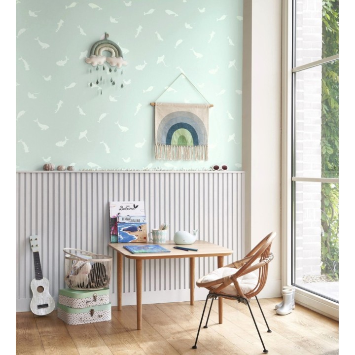Papel pintado de peces ballenas tiburones y focas infantil color aguamarina - Sydney Playful 684467
