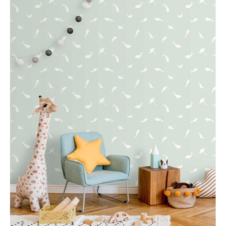 Papel pintado de peces ballenas tiburones y focas infantil color aguamarina - Sydney Playful 684467