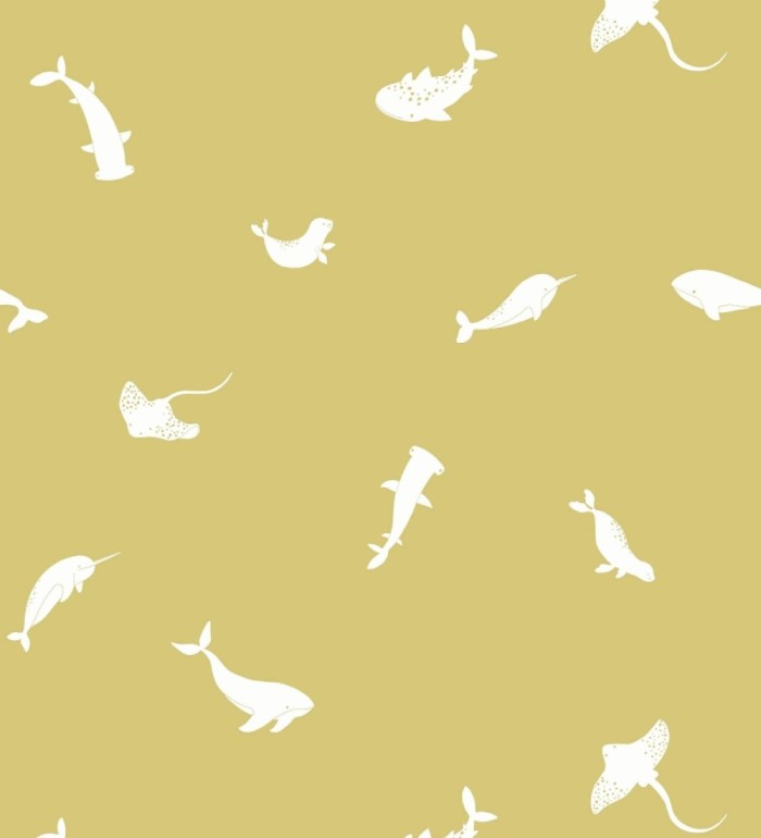 Papel pintado de peces ballenas tiburones y focas infantil color mostaza - Sydney Playful 684468