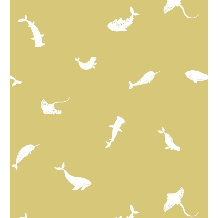 Papel pintado de peces ballenas tiburones y focas infantil color mostaza - Sydney Playful 684468