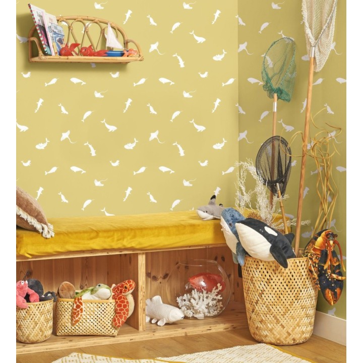 Papel pintado de peces ballenas tiburones y focas infantil color mostaza - Sydney Playful 684468