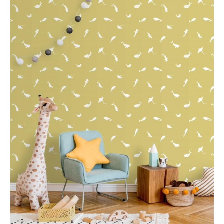 Papel pintado de peces ballenas tiburones y focas infantil color mostaza - Sydney Playful 684468