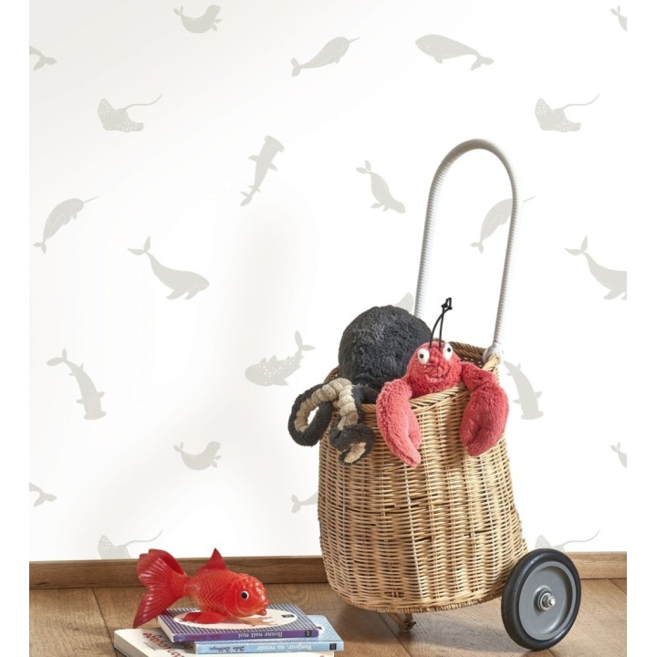 Papel pintado de peces ballenas tiburones y focas infantil color gris - Sydney Playful 684469