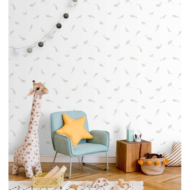 Papel pintado de peces ballenas tiburones y focas infantil color gris - Sydney Playful 684469