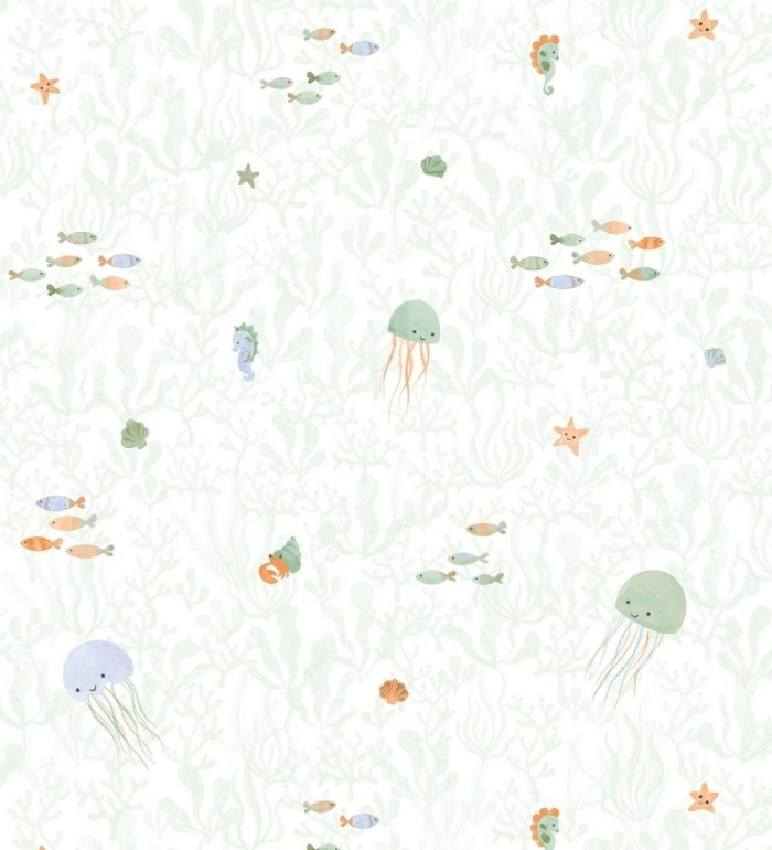 Papel pintado de medusas peces cangrejos y caballitos de mar infantil - Pipo Jelly 684472