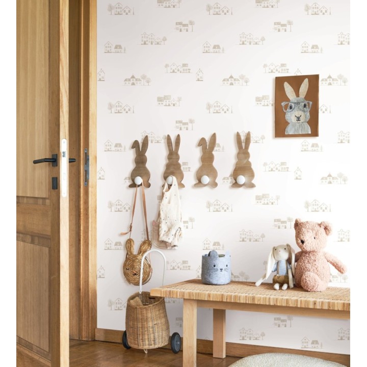 Papel pintado de casas dibujo infantil color beige neutro - Cotswold Lovely 684478