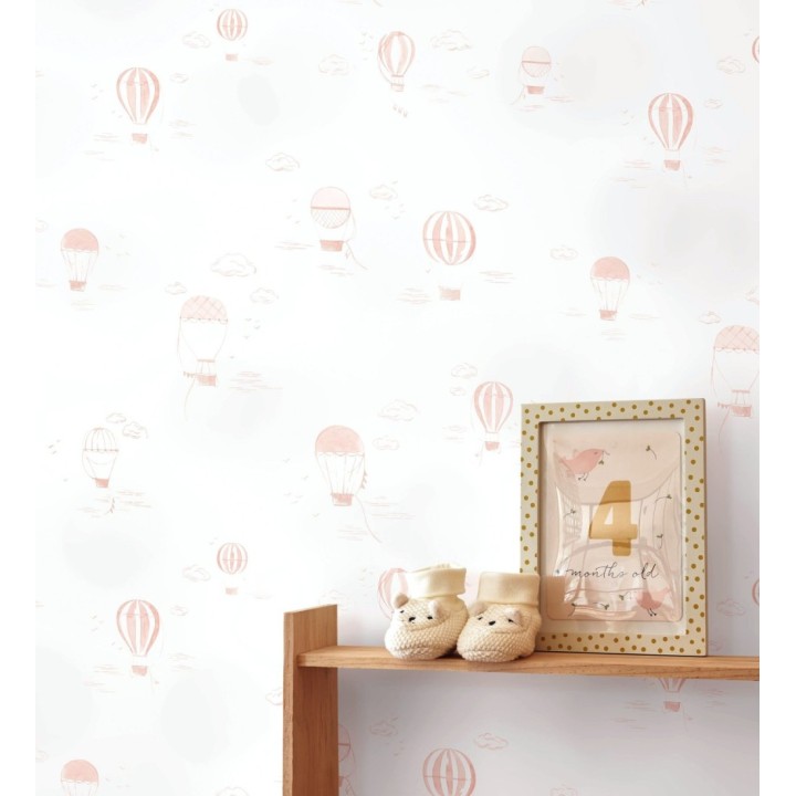 Papel pintado infantil de globos aerostáticos color rosa - Lund Airborne 684482