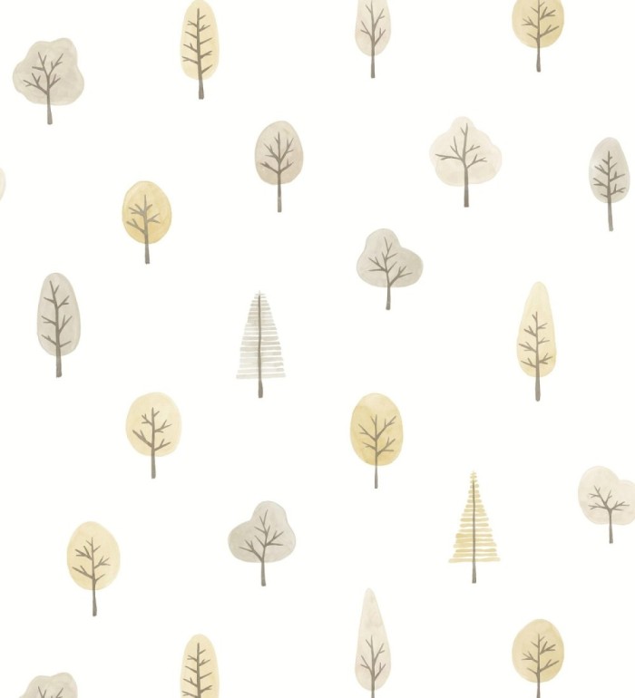 Papel pintado bosque minimalista acuarela suave tonos gris y mostaza - Willow Woody 684485