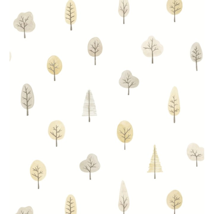 Papel pintado bosque minimalista acuarela suave tonos gris y mostaza - Willow Woody 684485