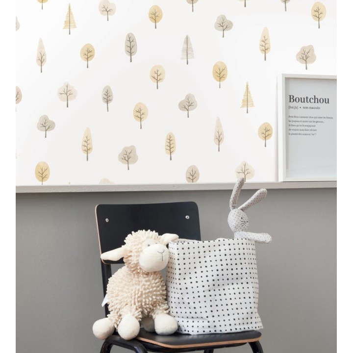 Papel pintado bosque minimalista acuarela suave tonos gris y mostaza - Willow Woody 684485