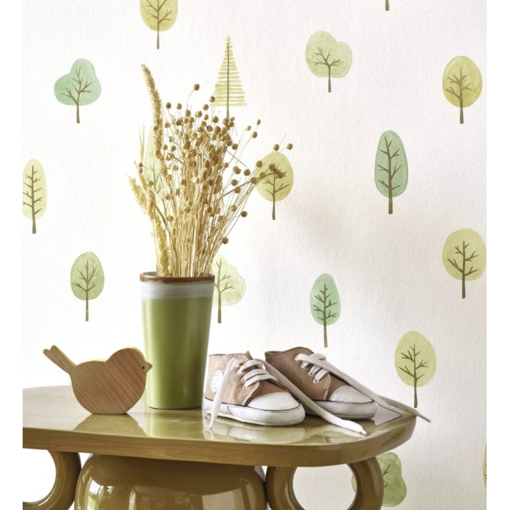 Papel pintado bosque minimalista acuarela suave tonos verdes - Willow Woody 684486