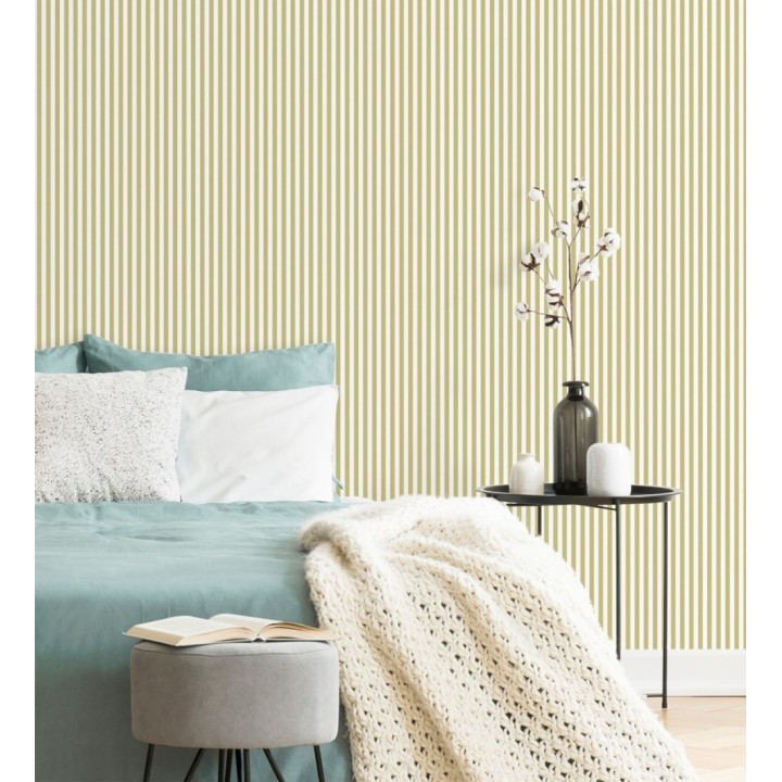 Papel pintado rayas finas infantiles tonos mostaza y blanco - Andy Stripes 684490