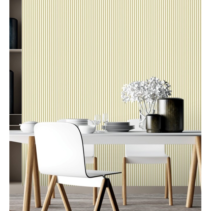 Papel pintado rayas finas infantiles tonos mostaza y blanco - Andy Stripes 684490