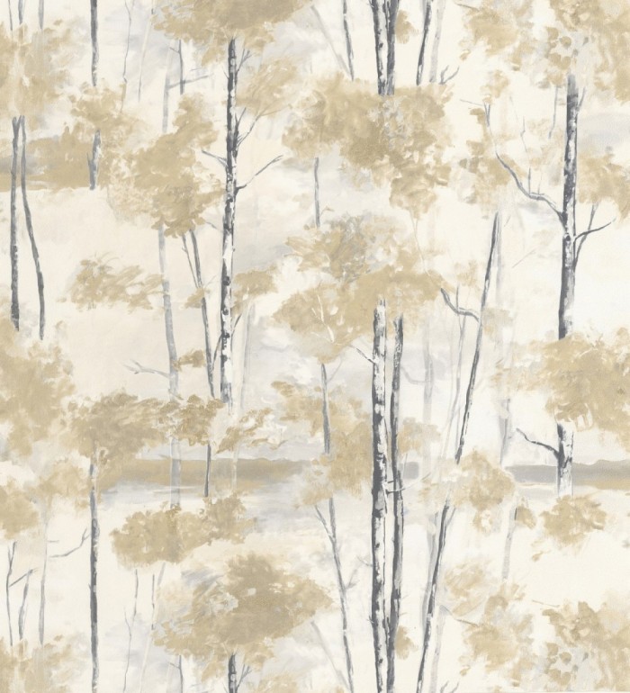 Papel pintado bosque pictórico etéreo con copas de árboles tonos mostaza - Tagus Silvery 684491