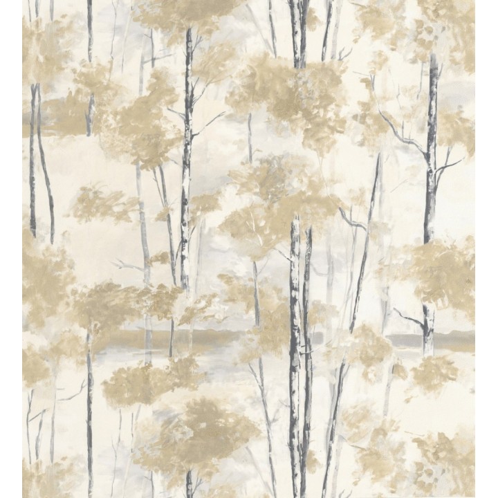 Papel pintado bosque pictórico etéreo con copas de árboles tonos mostaza - Tagus Silvery 684491