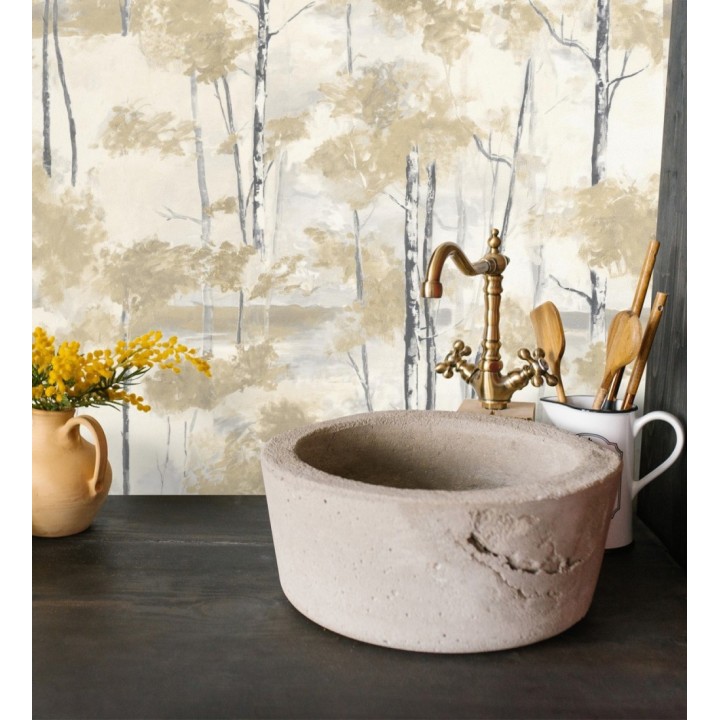 Papel pintado bosque pictórico etéreo con copas de árboles tonos mostaza - Tagus Silvery 684491