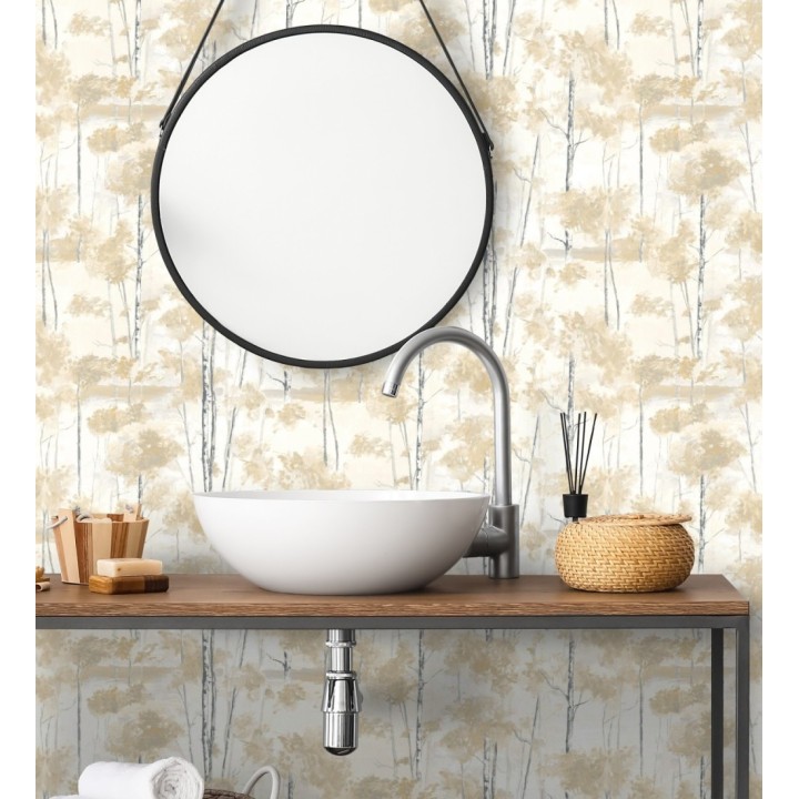 Papel pintado bosque pictórico etéreo con copas de árboles tonos mostaza - Tagus Silvery 684491