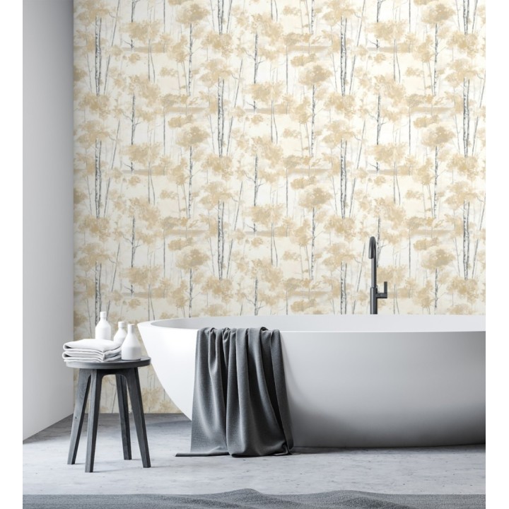 Papel pintado bosque pictórico etéreo con copas de árboles tonos mostaza - Tagus Silvery 684491