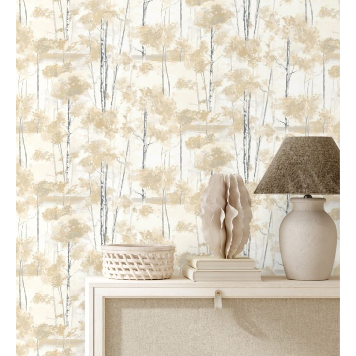 Papel pintado bosque pictórico etéreo con copas de árboles tonos mostaza - Tagus Silvery 684491