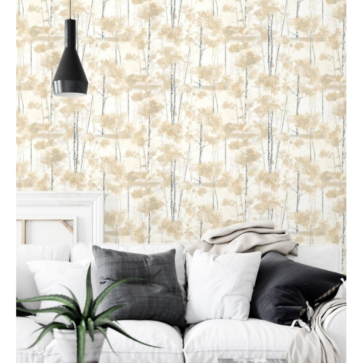 Papel pintado bosque pictórico etéreo con copas de árboles tonos mostaza - Tagus Silvery 684491