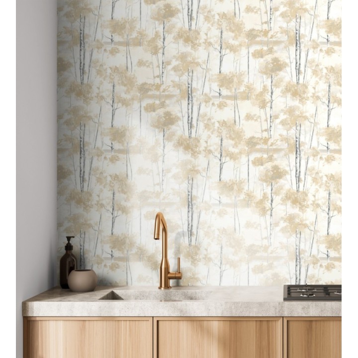 Papel pintado bosque pictórico etéreo con copas de árboles tonos mostaza - Tagus Silvery 684491