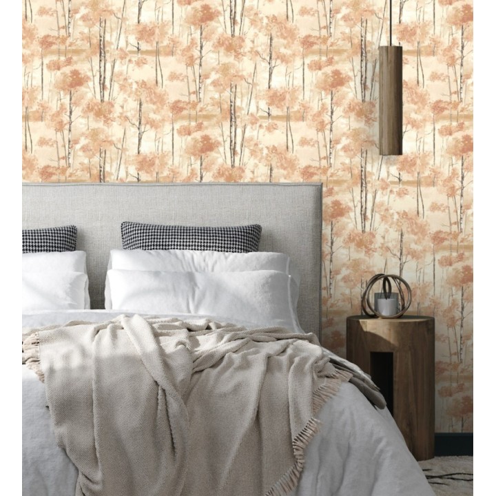 Papel pintado bosque pictórico etéreo con copas de árboles tonos terracota - Tagus Silvery 684492