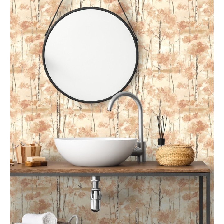 Papel pintado bosque pictórico etéreo con copas de árboles tonos terracota - Tagus Silvery 684492