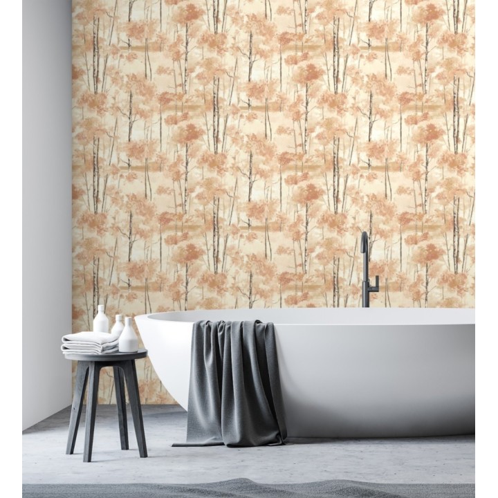 Papel pintado bosque pictórico etéreo con copas de árboles tonos terracota - Tagus Silvery 684492