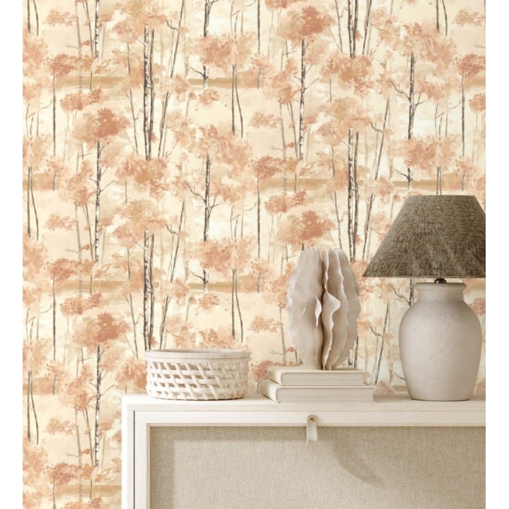 Papel pintado bosque pictórico etéreo con copas de árboles tonos terracota - Tagus Silvery 684492