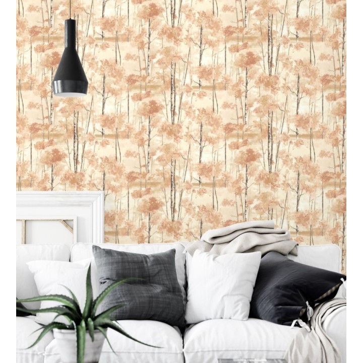 Papel pintado bosque pictórico etéreo con copas de árboles tonos terracota - Tagus Silvery 684492