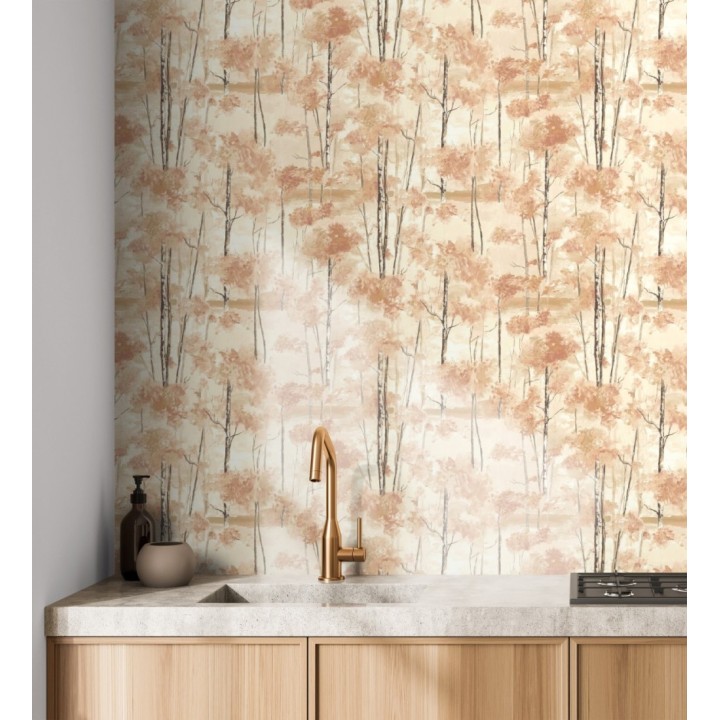Papel pintado bosque pictórico etéreo con copas de árboles tonos terracota - Tagus Silvery 684492