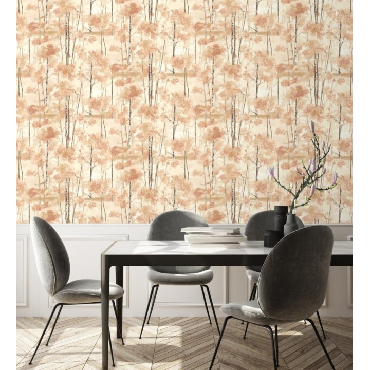 Papel pintado bosque pictórico etéreo con copas de árboles tonos terracota - Tagus Silvery 684492