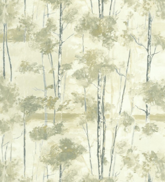Papel pintado bosque pictórico etéreo con copas de árboles tonos verde oliva - Tagus Silvery 684493
