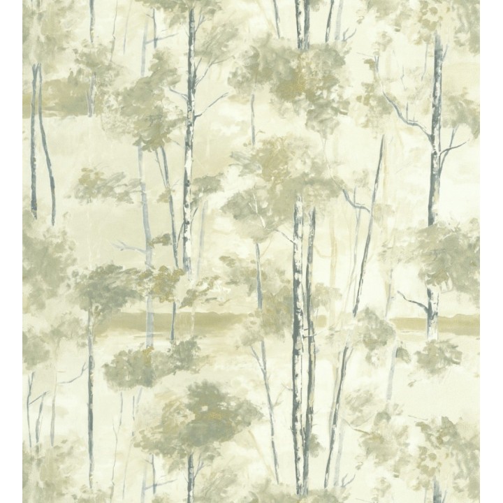 Papel pintado bosque pictórico etéreo con copas de árboles tonos verde oliva - Tagus Silvery 684493