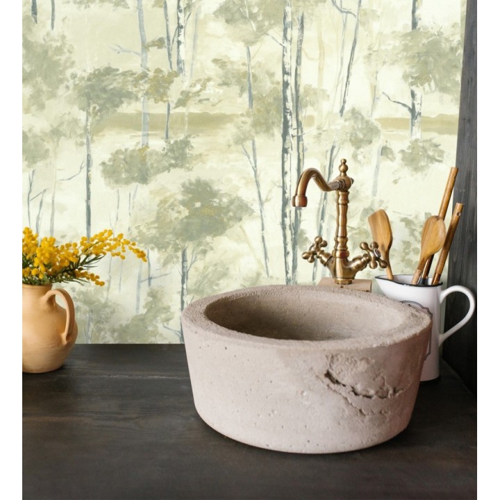 Papel pintado bosque pictórico etéreo con copas de árboles tonos verde oliva - Tagus Silvery 684493