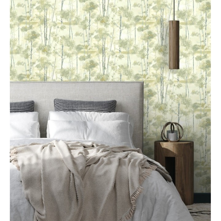 Papel pintado bosque pictórico etéreo con copas de árboles tonos verde oliva - Tagus Silvery 684493